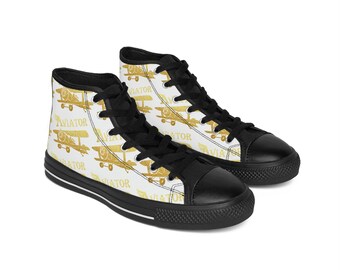 Men's Sneakers with Aviation Pilot Aircraft Designs - White Gold