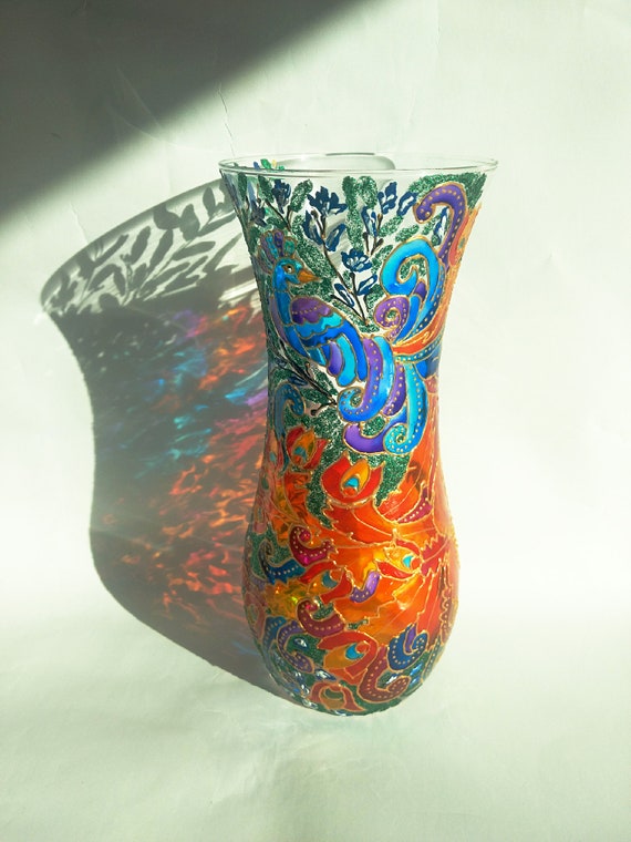 Peacock Vase Hand Painted Glass Vase Peacock Decor Floral Etsy
