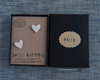 Cute white unglazed Porcelain heart stud earrings “SWEET NOTHINGS”
