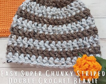 Easy Super Chunky Striped Double Crochet Beanie Hat Crochet Pattern, Super Chunky Striped Dylan Claire Beanie, Womens Winter Crochet Pattern