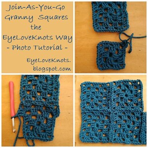 Puede incluir: Un tutorial fotográfico que muestra cómo unir cuadrados de granny sobre la marcha, utilizando un hilo azul verdoso. El texto "Join-As-You-Go Granny Squares the EyeLoveknots Way - Photo Tutorial - EyeLoveknots. blogspot.com" se muestra en la imagen.