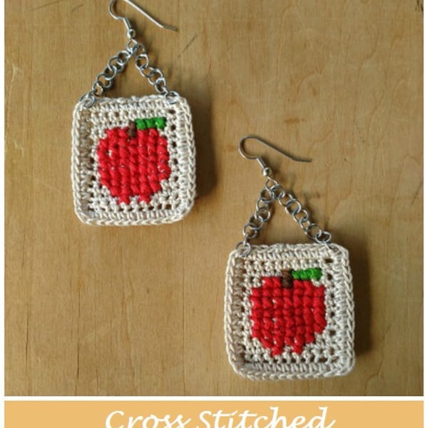 CROCHET PATTERN - Cross Stitched Apple Earrings, Cross Stitch Earring Pattern, Cross Stitch Apple Pattern, Apple Earring Pattern