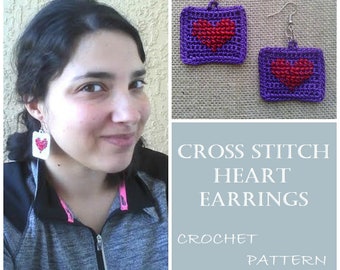 PATTERN for Crochet, Cross Stitch & Jewelry DIY - Framed Cross Stitch Heart Earrings, DIY Valentines, Lightweight Earrings, Easy Crochet Pat