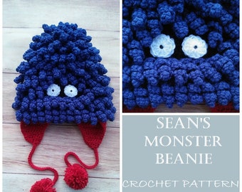 CROCHET PATTERN - Sean's Monster Beanie, Curly Haired Monster Beanie Pattern, Adult Beanie Crochet Pattern, Adult Hat Crochet Pattern