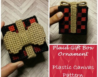 PLASTIC CANVAS PATTERN - Plaid Gift Box Ornament, diy plaid ornament, diy gift box ornament, plastic canvas ornament, handmade christmas