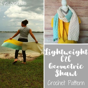 May include: A crochet pattern for a lightweight C2C geometric shawl in yellow, blue, and white. The pattern is called "Lightweight C2C Geometric Shawl Crochet Pattern".