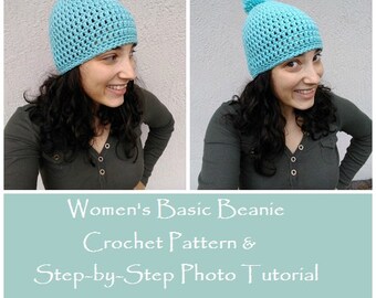 CROCHET PATTERN - Women's Basic Beanie, Step-by-Step Photo Tutorial. Crochet Women's Hat, Crochet Teens Hat, Beginner Crochet Pattern