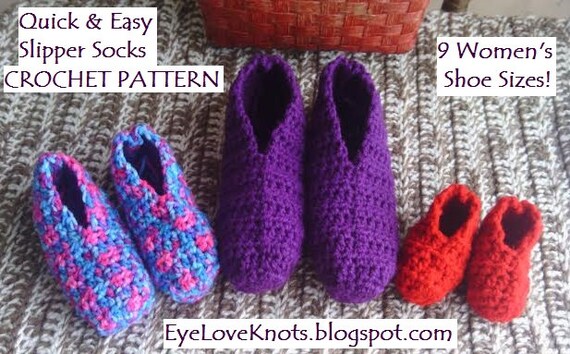 CROCHET PATTERN - Quick & Easy Slipper Socks in 9 Women's Sizes - US Women's Shoe Sizes - Women's Slippers Crochet Pattern