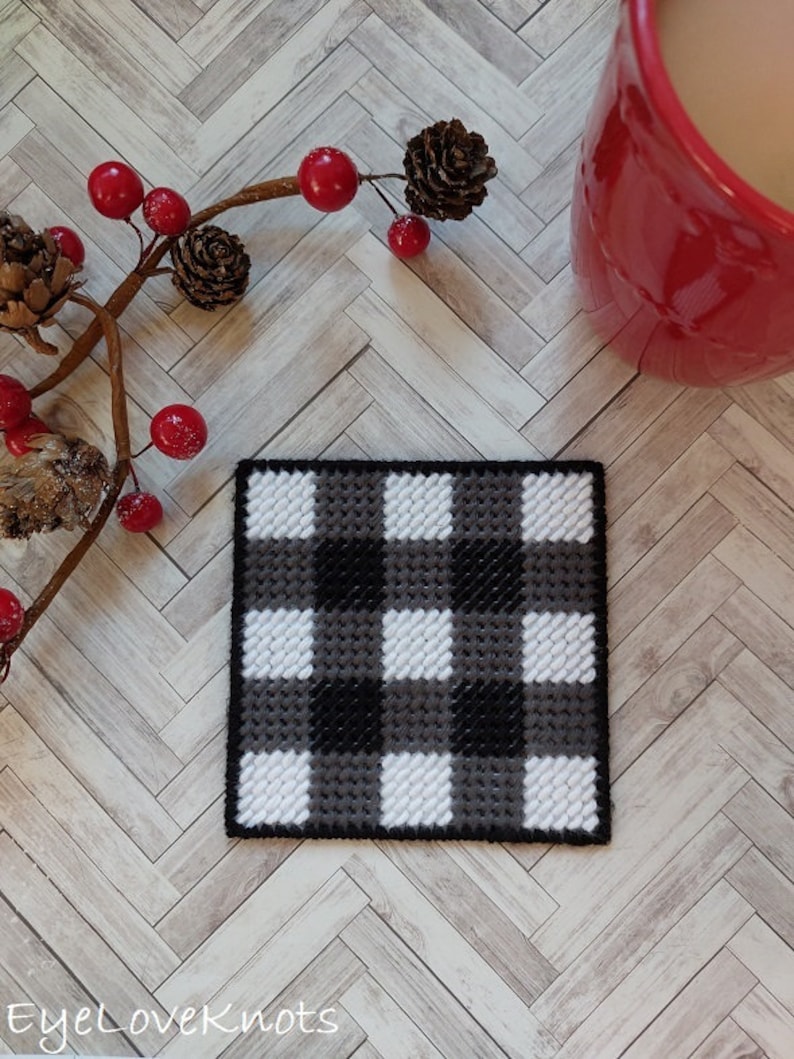 Coaster Plastic Canvas Pattern, Buffalo Plaid Coaster, Plaid Dining Room Decor, Needlepoint Coaster Pattern, Plastic Canvas Decor image 5