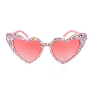 Rhinestone Heart Sunglasses - Iridescent Pink