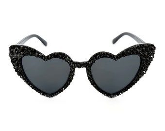 Rhinestone Heart Sunglasses - Black