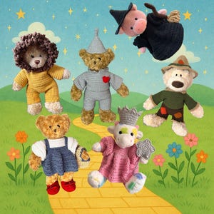 May include: A collection of handmade crochet dolls inspired by characters from The Wizard of Oz. The dolls include a lion, a scarecrow, a tin man, Dorothy, a cow, a pig, and a bear, all in colorful outfits. The background features a yellow brick road and a starry sky.