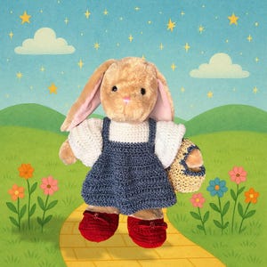 May include: A plush bunny wearing a white crocheted top and a blue denim dress, red shoes, and carrying a small woven basket. The bunny is on a yellow brick road with colorful flowers and a starry sky background.