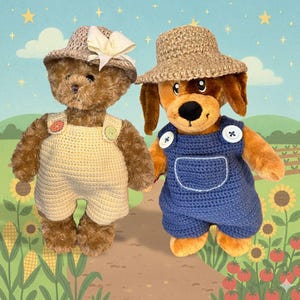 May include: Two plush toys, a bear and a dog, dressed in crocheted overalls and straw hats, stand side-by-side. The bear wears cream-colored overalls and a hat with a bow. The dog wears blue overalls. The background features a farm scene.