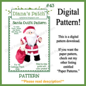 Puede incluir: Un patrón digital para un atuendo de Papá Noel para una muñeca Cabbage Patch Kids de 40,6 cm. El patrón incluye instrucciones y fotos a color. El patrón está disponible para descargar digitalmente.  #43 Diana's Patch™ cpkdiana.blogspot.com