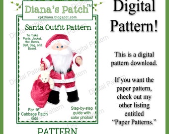 43. Santa Outfit PDF DIGITAL PATTERN -  Beard, Hat, Boots, Bag, Jacket and Pants for 16" Cabbage Patch Kids Dolls Christmas Costume