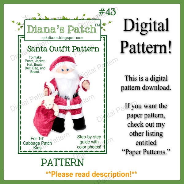 43. Santa Outfit PDF DIGITAL PATTERN -  Beard, Hat, Boots, Bag, Jacket and Pants for 16" Cabbage Patch Kids Dolls Christmas Costume