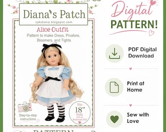 85 Alice Outfit PATTERN Digital Download PDF for 18" Dolls such as American Girl - Dress, Pinafore, Bloomers, Tights Pattern