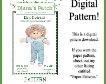 78 Dino Overalls Pattern Digital Download PDF for 20" Cabbage Patch Kids Dolls - T-Shirt and Bib Overalls Pattern Using Dungaree Buckles