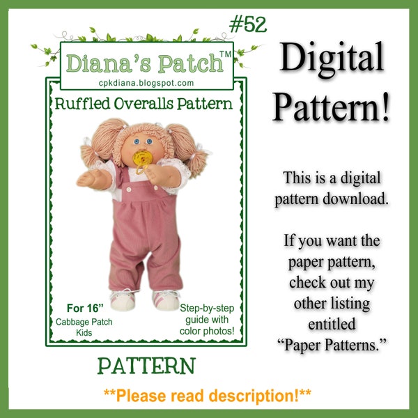 52. Ruffled Overalls DIGITAL PDF PATTERN for 16" Cabbage Patch Dolls or similar