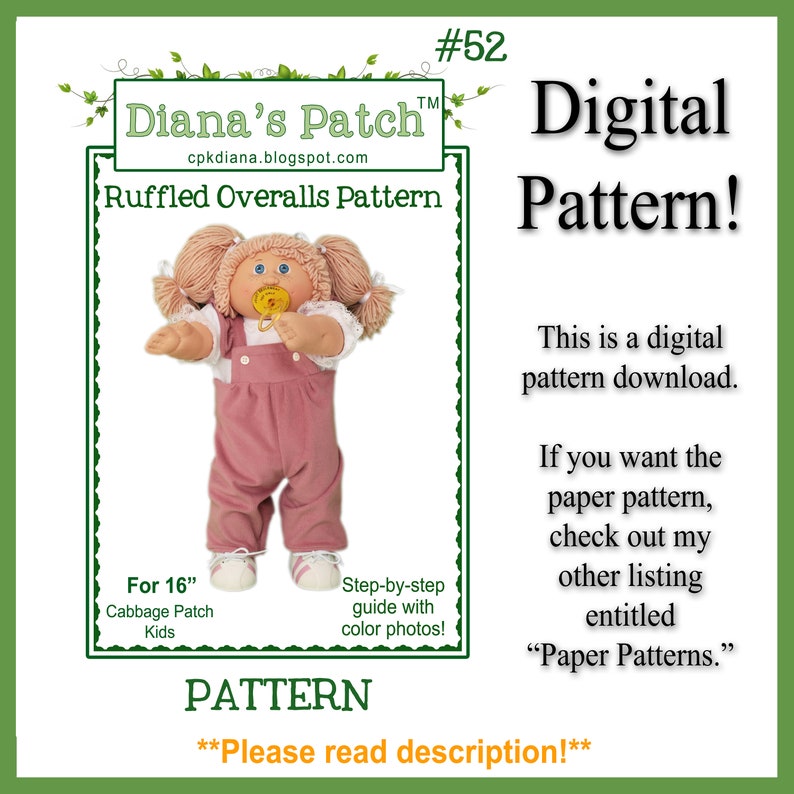52. Ruffled Overalls DIGITAL PDF PATTERN for 16 Cabbage Patch Dolls or similar image 1