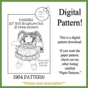 Pode incluir: Padrão digital em preto e branco para uma boneca e vestido de escultura macia de 50,8 cm. A imagem inclui um desenho da boneca, o texto "VANESSA" e "Digital Pattern!" O padrão é de 1984.