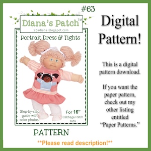 63 Portrait Dress and Tights DIGITAL PDF PATTERN for 16" Cabbage Patch Dolls or Similar