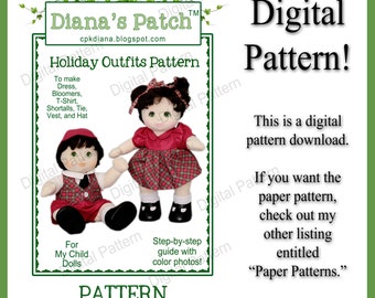 44. Holiday Outfits PDF PATTERN DOWNLOAD for My Child Dolls or similar Dress, Bloomers, T-Shirt, Vest, Shortalls, Hat