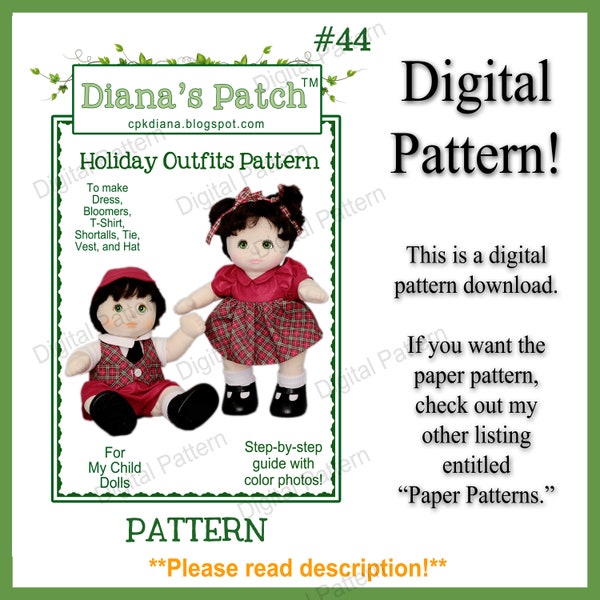 44. Holiday Outfits PDF PATTERN DOWNLOAD for My Child Dolls or similar Dress, Bloomers, T-Shirt, Vest, Shortalls, Hat