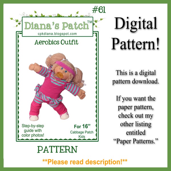 61. Aerobics Outfit DIGITAL PDF PATTERN for 16" Cabbage Patch Dolls or similar