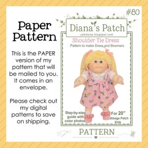 Jurk met strik op de schouders (Papieren Patroon) voor 20 inch Cabbage Patch-poppen of vergelijkbare poppen - Jurk en bloomerbroekje