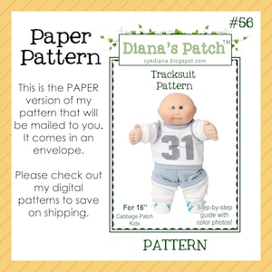 Pode incluir: Um padrão de papel para um fato de treino, projetado para bonecas Cabbage Patch Kids de 40,6 cm. O padrão inclui um guia passo a passo com fotos coloridas. O padrão é enviado em um envelope.