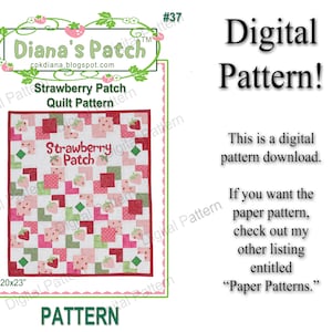 37. Strawberry Patch Quilt PDF DIGITAL PATTERN for Dolls - Download - 20x23&quot; - Strawberries - Super Cute!!!