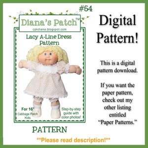 54. Lacy A-Line Dress DIGITAL PDF PATTERN for 16&quot; Cabbage Patch Dolls or similar