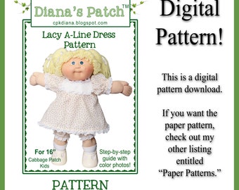 54. Lacy A-Line Dress DIGITAL PDF PATTERN for 16" Cabbage Patch Dolls or similar