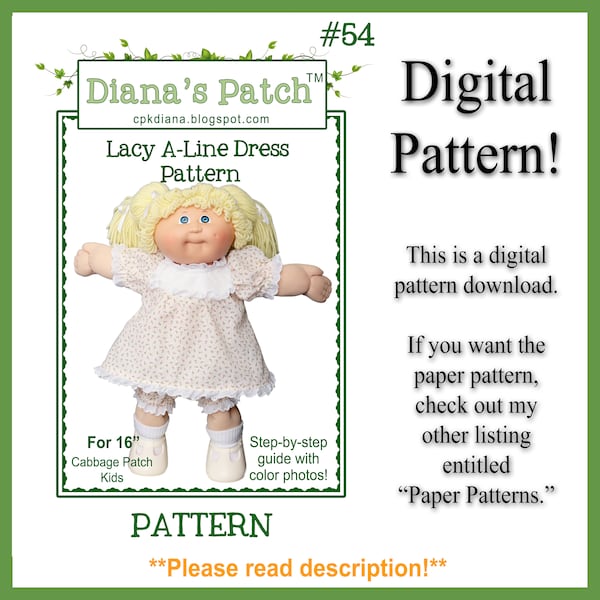 54. Lacy A-Line Dress DIGITAL PDF PATTERN for 16" Cabbage Patch Dolls or similar