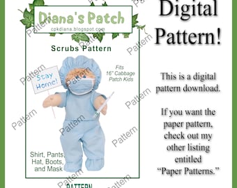 17. Scrubs verpleegkundige arts DIGITAAL pdf-PATROON voor 16" Cabbage Patch-kinderpoppen - downloaden, afdrukken en naaien - shirt, broek, hoed, laarzen en masker