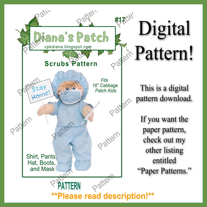K&ouml;nnte beinhalten: Digitales Schnittmuster f&uuml;r OP-Kleidung, passend f&uuml;r 40,6 cm Cabbage Patch Kids. Das Bild zeigt eine Puppe in blauer OP-Kleidung, einer OP-Maske und einem Hut, die ein Schild mit der Aufschrift "Stay Home!" h&auml;lt. Das Muster beinhaltet Anweisungen f&uuml;r Hemd, Hose, Hut, Stiefel und Maske.