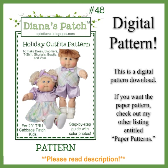 48. Holiday Outfits DIGITAL PATTERN for 20" TRU Cabbage Patch Dolls or similar Dress, Bloomers, T-Shirt, Bowtie, Vest, Shortalls Boy Girl