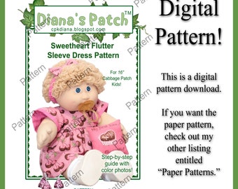 24. Sweetheart Flutter Sleeve Dress PDF DOWNLOAD PATTERN For 16" Cabbage Patch Kids Dolls - Digital - Dress, bloomers, headband, pillow