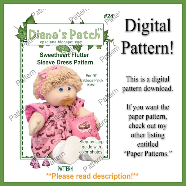 24. Sweetheart Flutter Sleeve Dress PDF DOWNLOAD PATTERN For 16" Cabbage Patch Kids Dolls - Digital - Dress, bloomers, headband, pillow