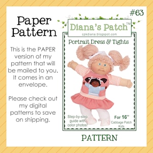 Op de afbeelding: Een papieren patroon voor een Portrait Dress & Tights voor 40,6 cm Cabbage Patch Kids poppen. Het patroon bevat stapsgewijze instructies met kleurenfoto's. De afbeelding toont een pop die de jurk en de panty draagt.