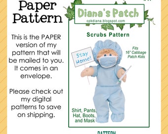 17. Scrubs Nurse Doctor PAPER PATTERN For 16" Cabbage Patch Kids Dolls - shirt, pants, hat, boots, and mask