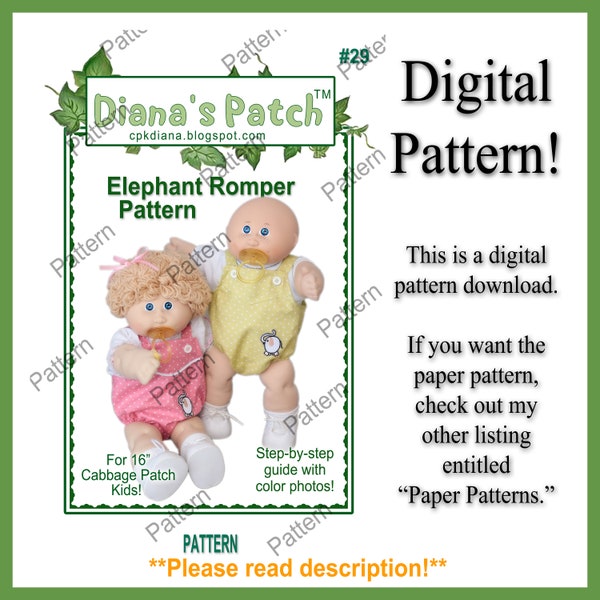 29. Elephant Romper DIGITAL PDF PATTERN - For 16" Cabbage Patch Kids Dolls - Instant Download, Print, Sew