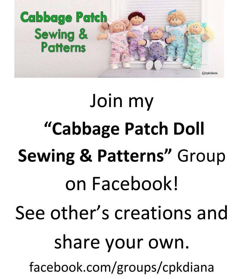 May include: Image features six Cabbage Patch dolls in various outfits. The text at the top reads "Cabbage Patch Sewing & Patterns." Below, it says "Join my 'Cabbage Patch Doll Sewing & Patterns' Group on Facebook!" and invites users to share creations.