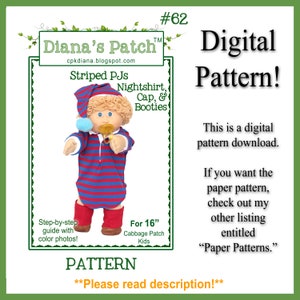 Pode incluir: Padrão de costura digital para uma camisola de dormir listrada, um gorro e botinhas para uma boneca Cabbage Patch Kids de 40,6 cm. O padrão inclui um guia passo a passo com fotos a cores. #62 Diana's Patch