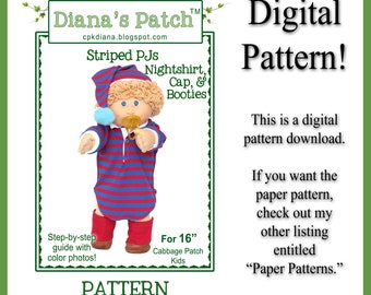 62 Striped PJs Outfit DIGITAL PDF PATTERN for 16" Cabbage Patch Dolls or similar Nightshirt Cap Booties