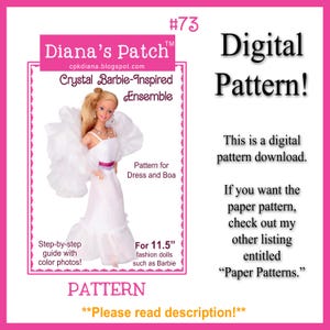 Patrón de conjunto de cristal 73 (descarga digital en PDF) para muñecas de moda de 11.5" - Vestido con volantes y boa