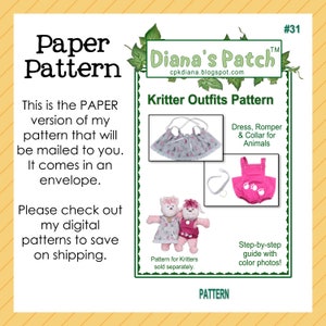 Puede incluir: Un patrón de papel para trajes de Kritter, que incluye un vestido, un pelele y un collar para animales. La imagen muestra ejemplos de los trajes e incluye el texto "Diana's Patch" y "¡Guía paso a paso con fotos en color!"