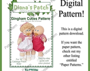 34. Gingham Cuties Digital PDF PATTERN For 16" Cabbage Patch Kids Dolls - Download, Print, Sew - Dress, Bloomers, Shirt, Romper - Boy Girl